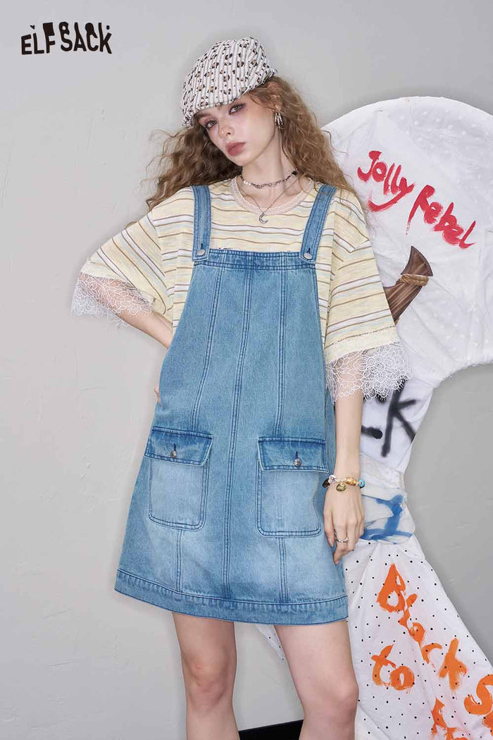 ELFSACK Cute Light Wash Denim Jumper Loose Dress