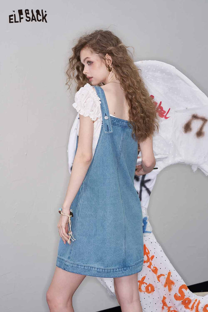 ELFSACK Cute Light Wash Denim Jumper Loose Dress