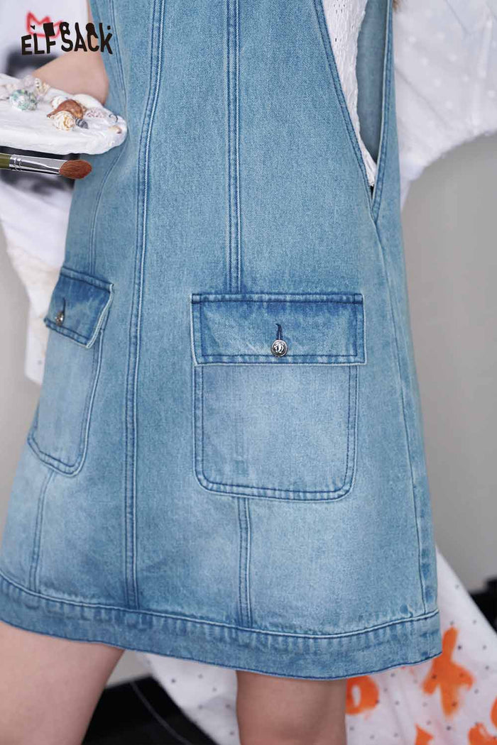 ELFSACK Cute Light Wash Denim Jumper Loose Dress