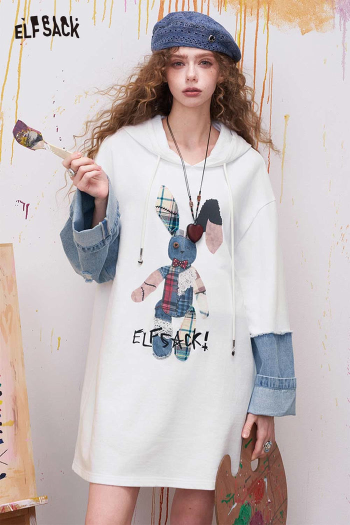 ELFSACK Cute Midi Dress with Bunny Patchwork
