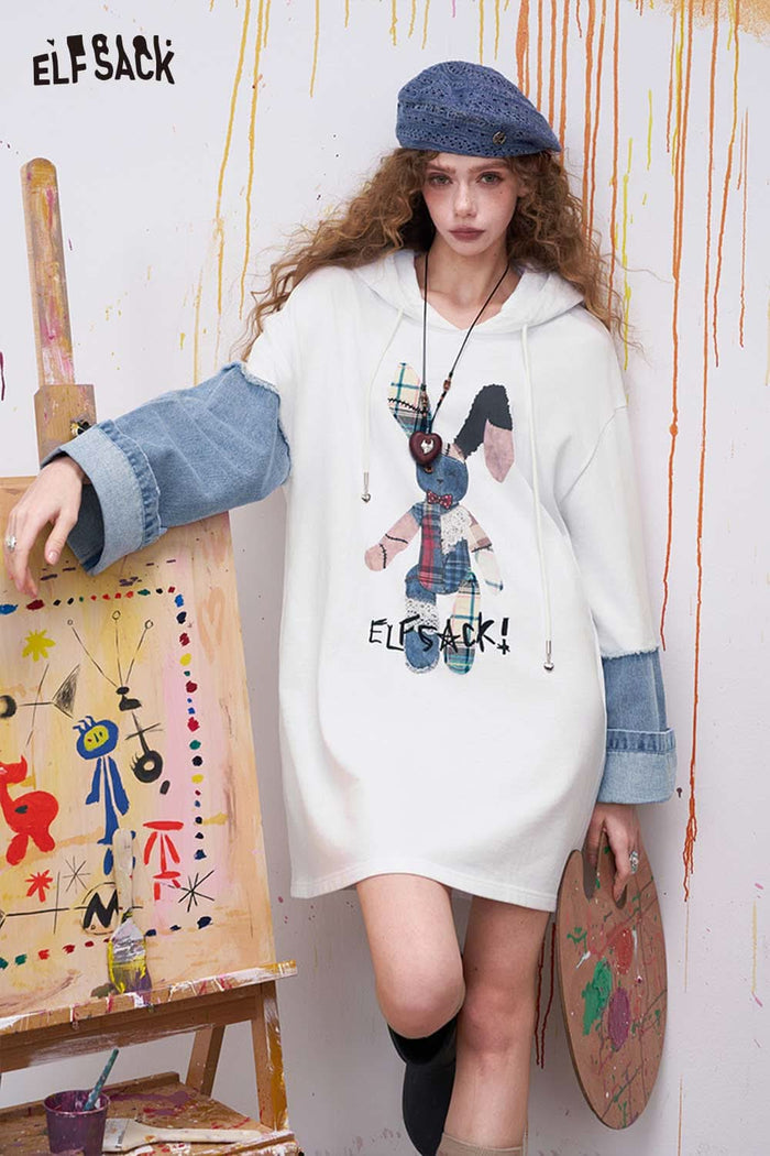 ELFSACK Cute Midi Dress with Bunny Patchwork