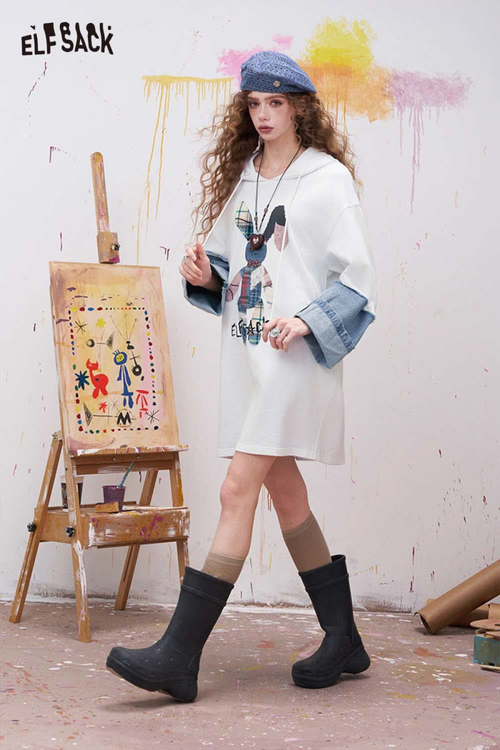 ELFSACK Cute Midi Dress with Bunny Patchwork