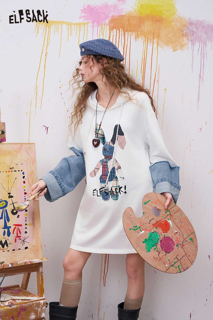 ELFSACK Cute Midi Dress with Bunny Patchwork