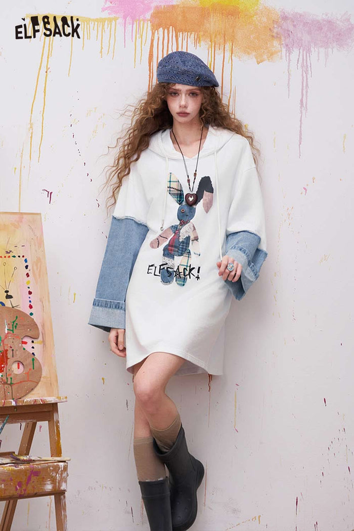 ELFSACK Cute Midi Dress with Bunny Patchwork
