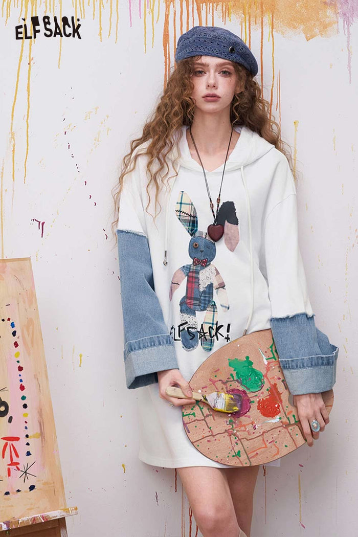 ELFSACK Cute Midi Dress with Bunny Patchwork
