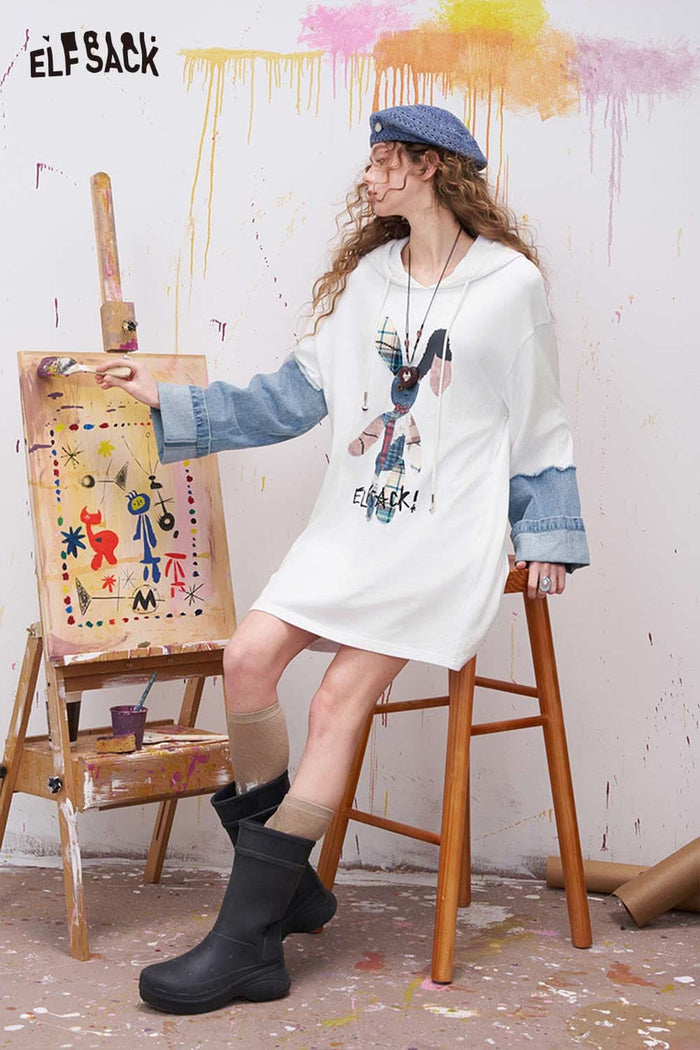 ELFSACK Cute Midi Dress with Bunny Patchwork