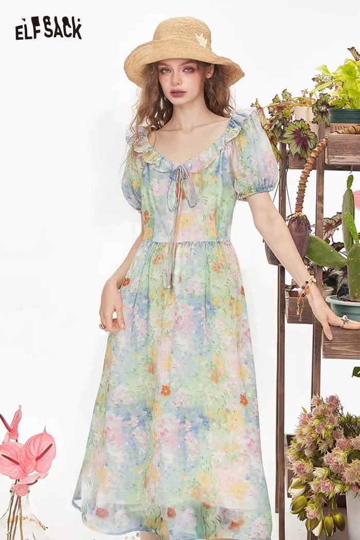 ELFSACK Cute Oil Painting Floral Puff Sleeve Elegant Maxi Dress