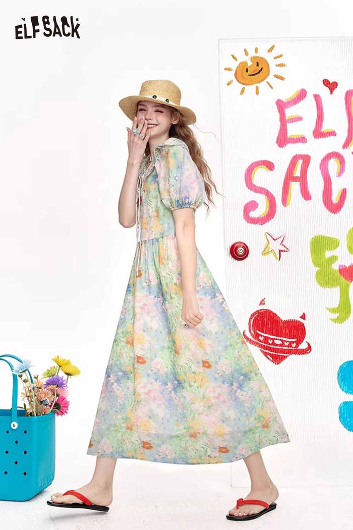 ELFSACK Cute Oil Painting Floral Puff Sleeve Elegant Maxi Dress