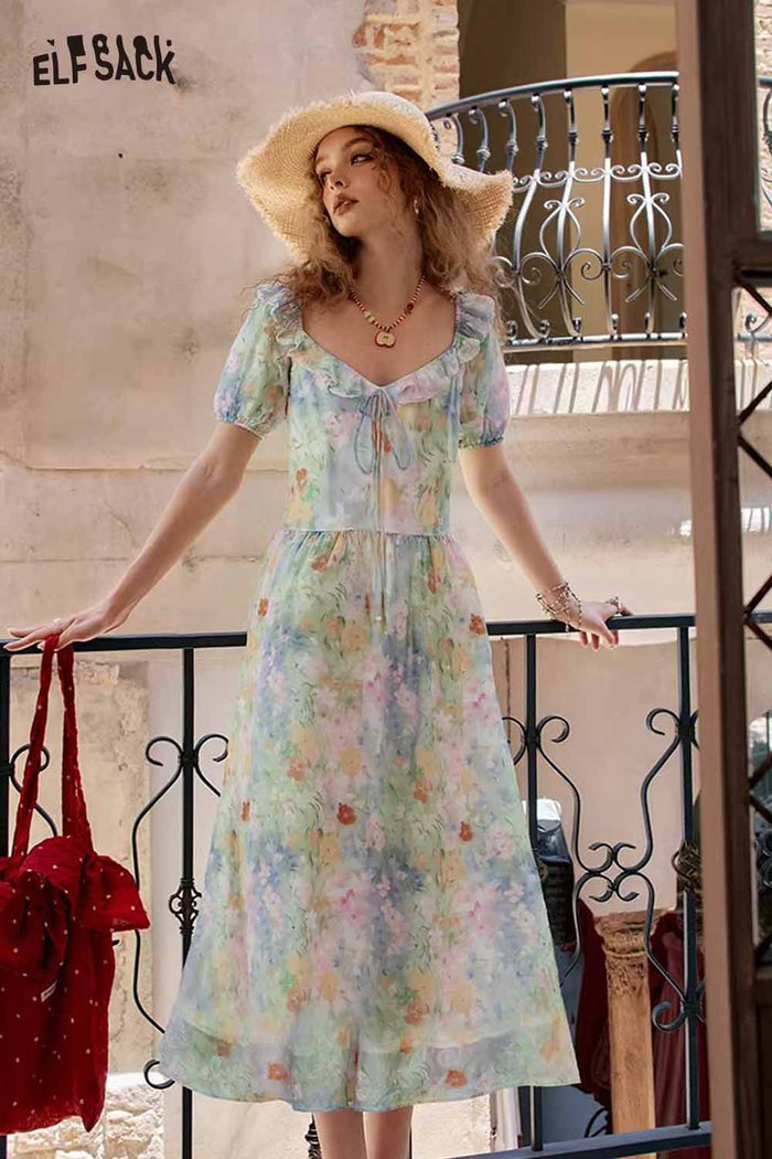 ELFSACK Cute Oil Painting Floral Puff Sleeve Elegant Maxi Dress
