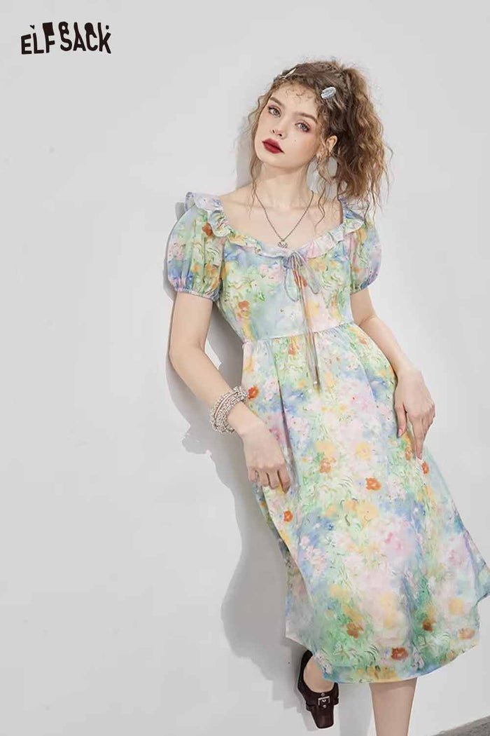 ELFSACK Cute Oil Painting Floral Puff Sleeve Elegant Maxi Dress