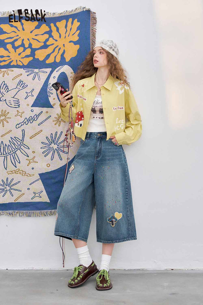 ELFSACK Cute Original Graphic Crop Detachable Sleeve Shirt