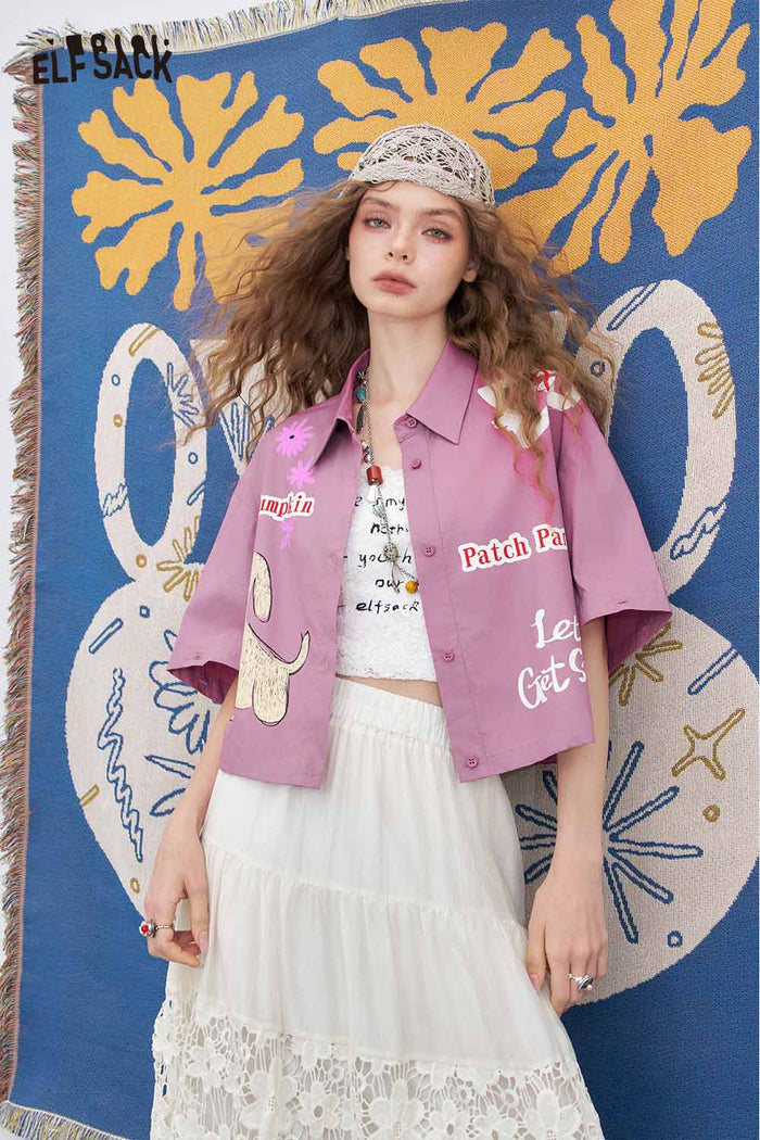 ELFSACK Cute Original Graphic Crop Detachable Sleeve Shirt