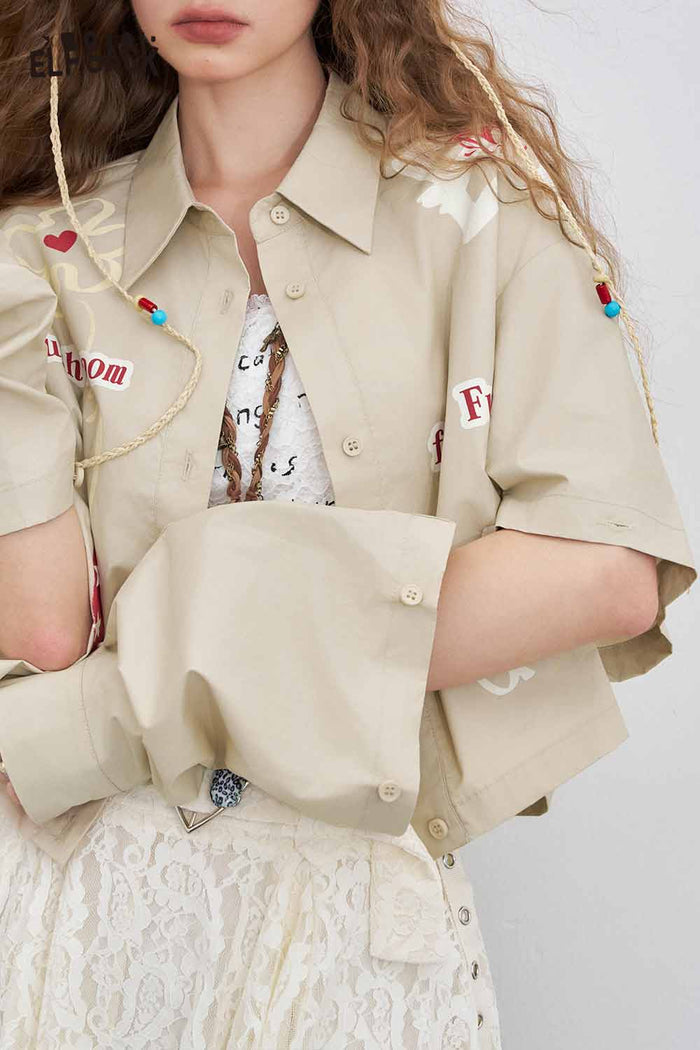 ELFSACK Cute Original Graphic Crop Detachable Sleeve Shirt