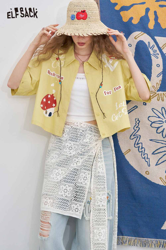 ELFSACK Cute Original Graphic Crop Detachable Sleeve Shirt