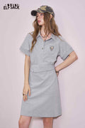 ELFSACK Cute Original Graphic Gray Polo Waist Tie Slim Dress
