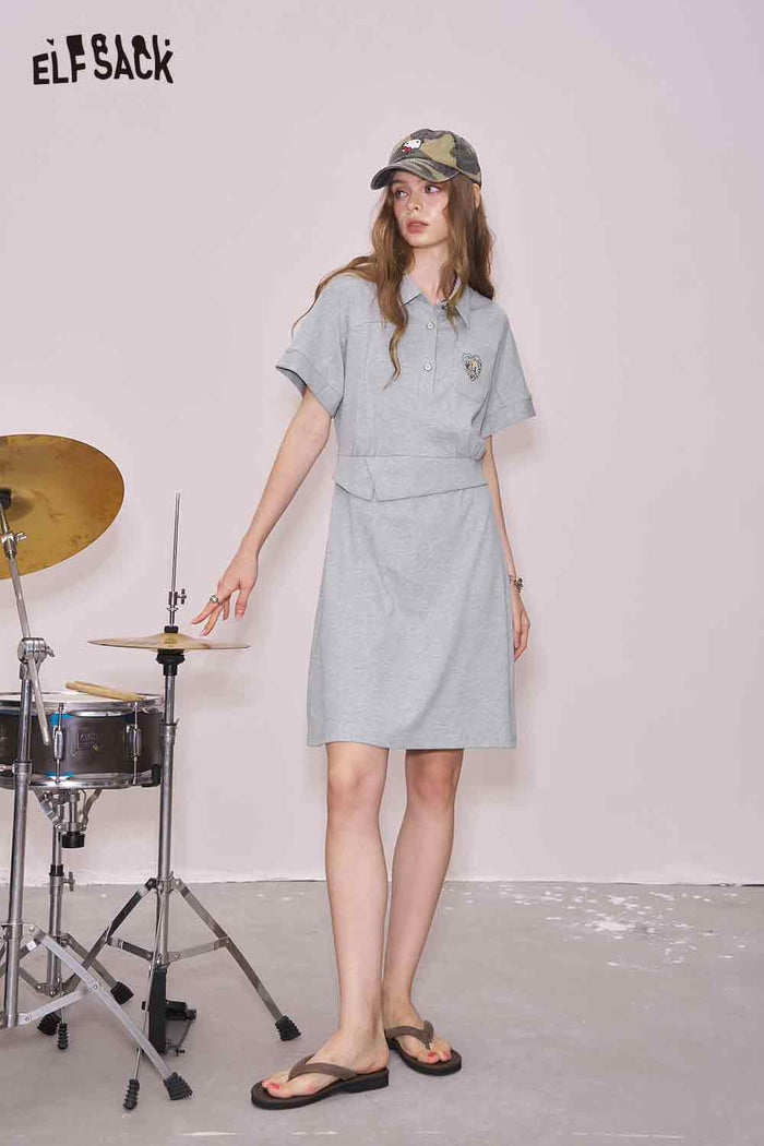 ELFSACK Cute Original Graphic Gray Polo Waist Tie Slim Dress