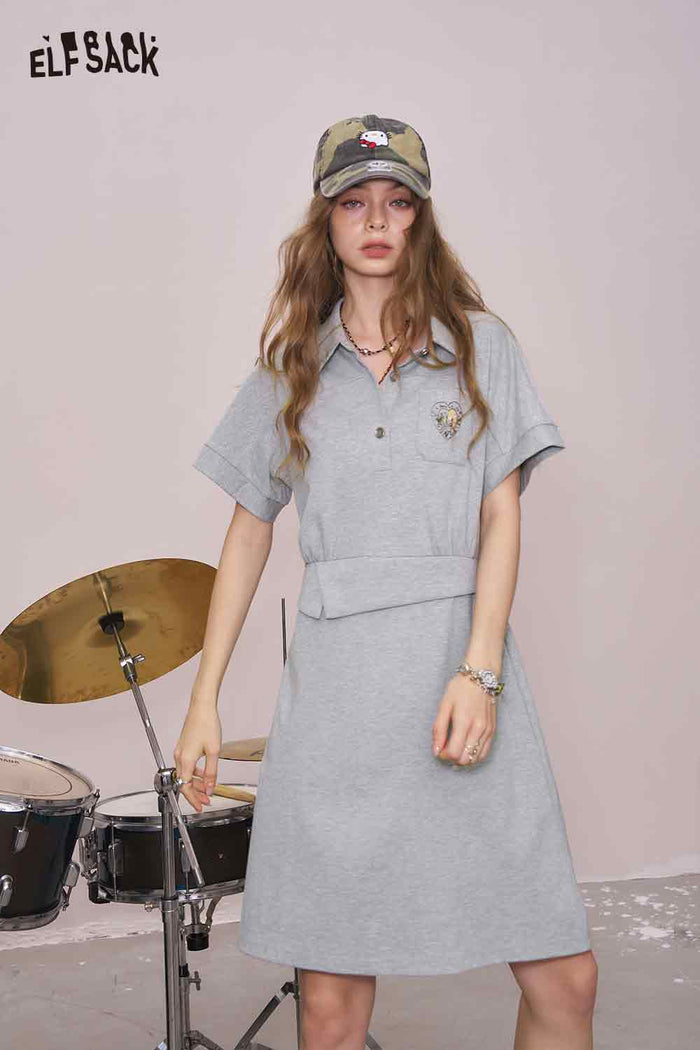 ELFSACK Cute Original Graphic Gray Polo Waist Tie Slim Dress