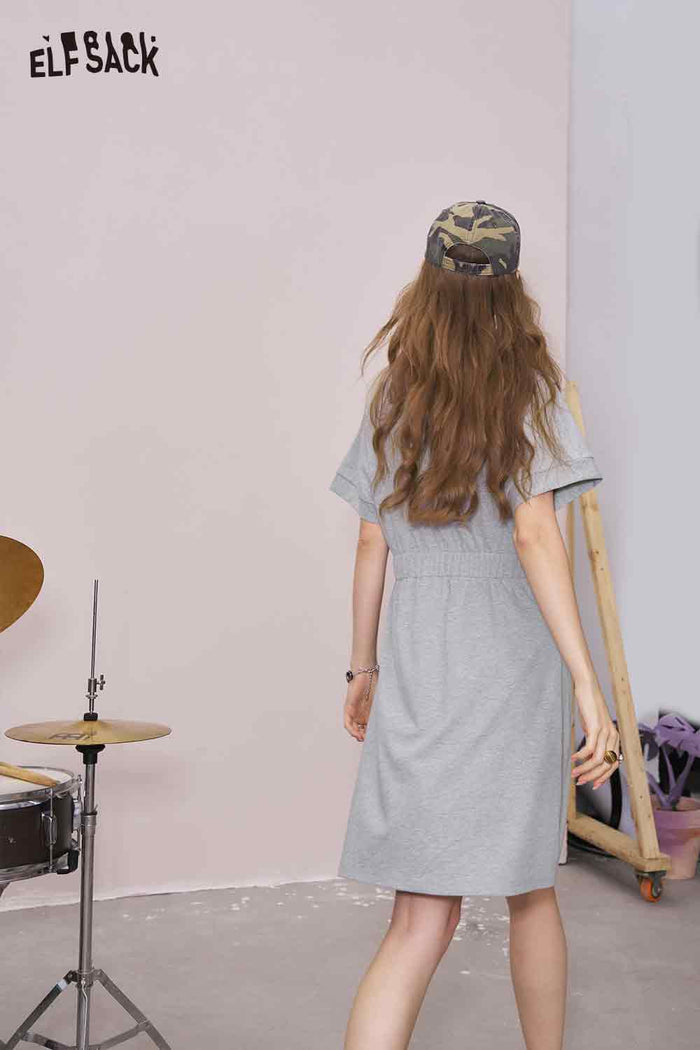 ELFSACK Cute Original Graphic Gray Polo Waist Tie Slim Dress