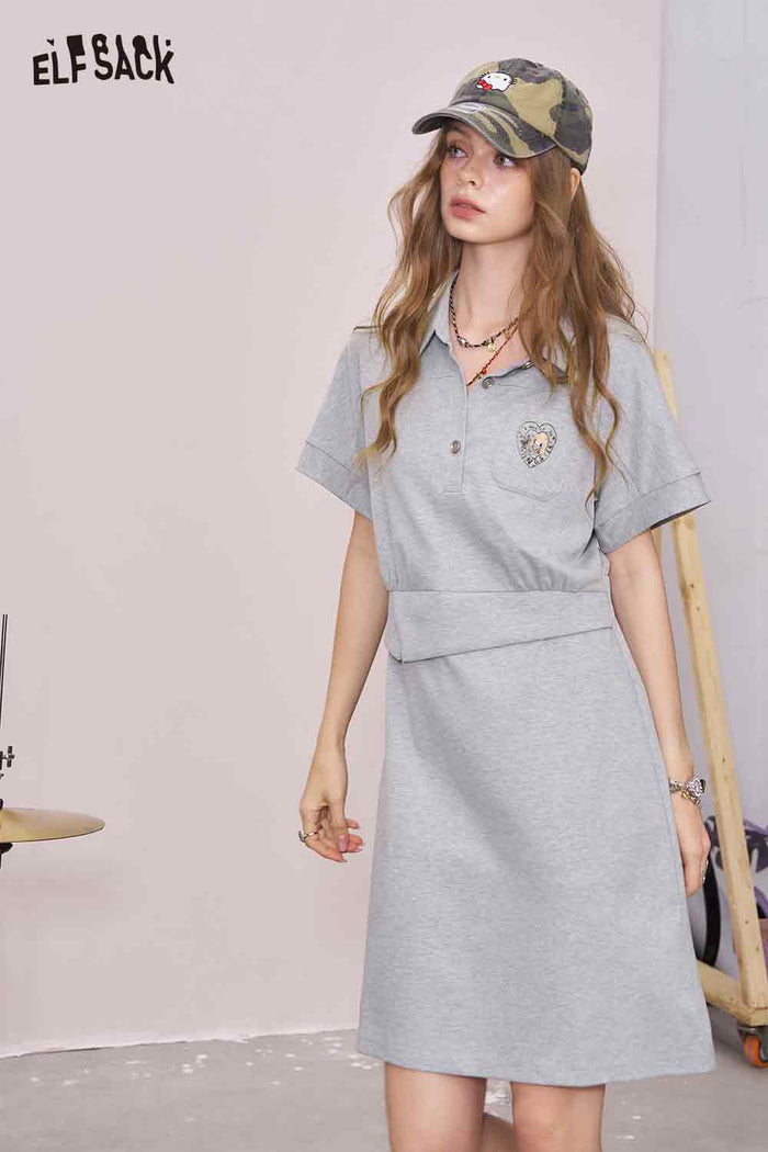 ELFSACK Cute Original Graphic Gray Polo Waist Tie Slim Dress