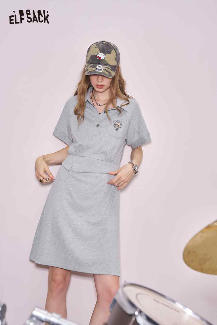 ELFSACK Cute Original Graphic Gray Polo Waist Tie Slim Dress