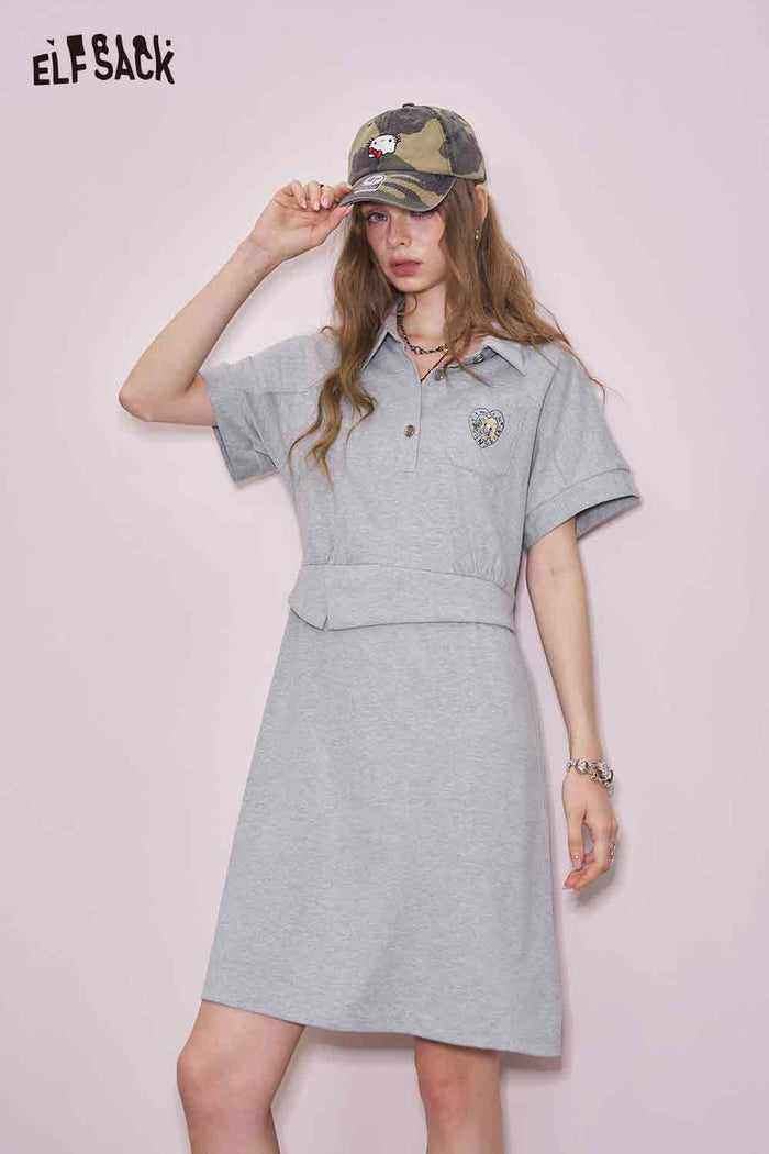 ELFSACK Cute Original Graphic Gray Polo Waist Tie Slim Dress