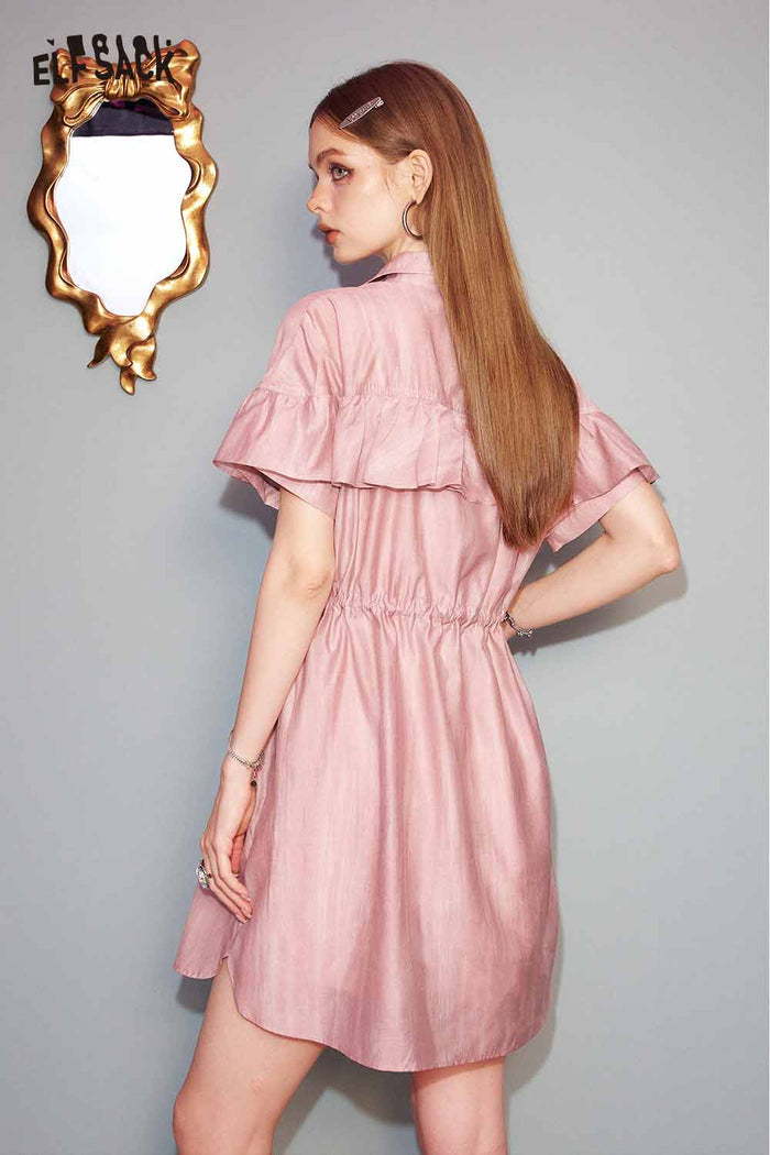ELFSACK Cute Pink Sweet Shirt Casual Waist Tie Dress