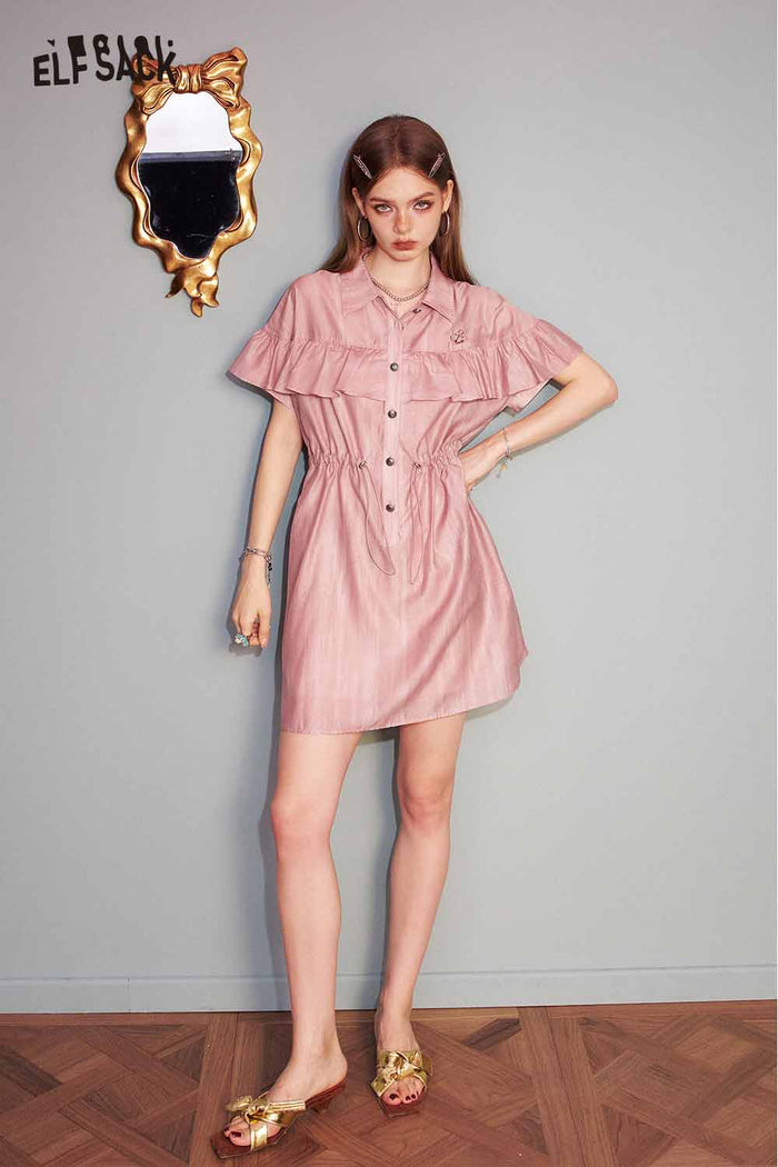 ELFSACK Cute Pink Sweet Shirt Casual Waist Tie Dress