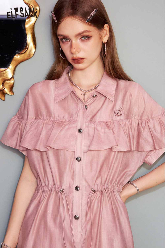 ELFSACK Cute Pink Sweet Shirt Casual Waist Tie Dress
