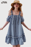 ELFSACK Cute Plaid Off Shoulder Slip Design Sweet Dress