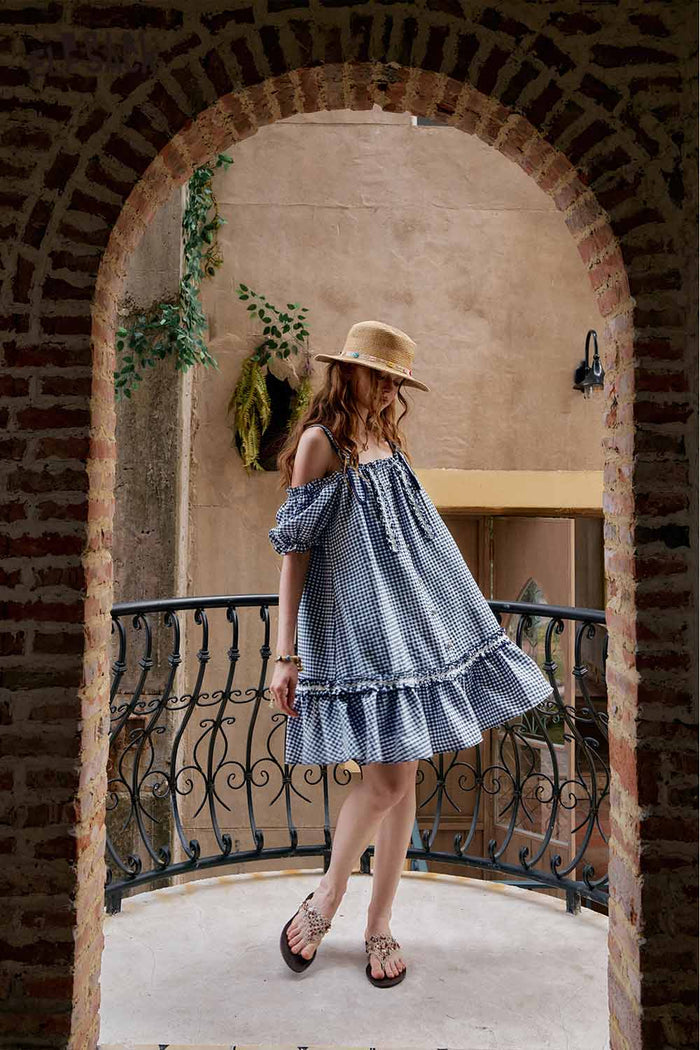 ELFSACK Cute Plaid Off Shoulder Slip Design Sweet Dress