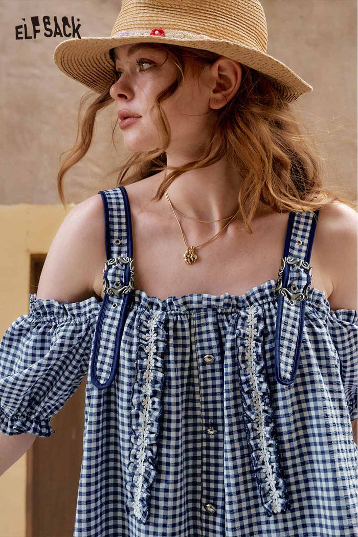 ELFSACK Cute Plaid Off Shoulder Slip Design Sweet Dress