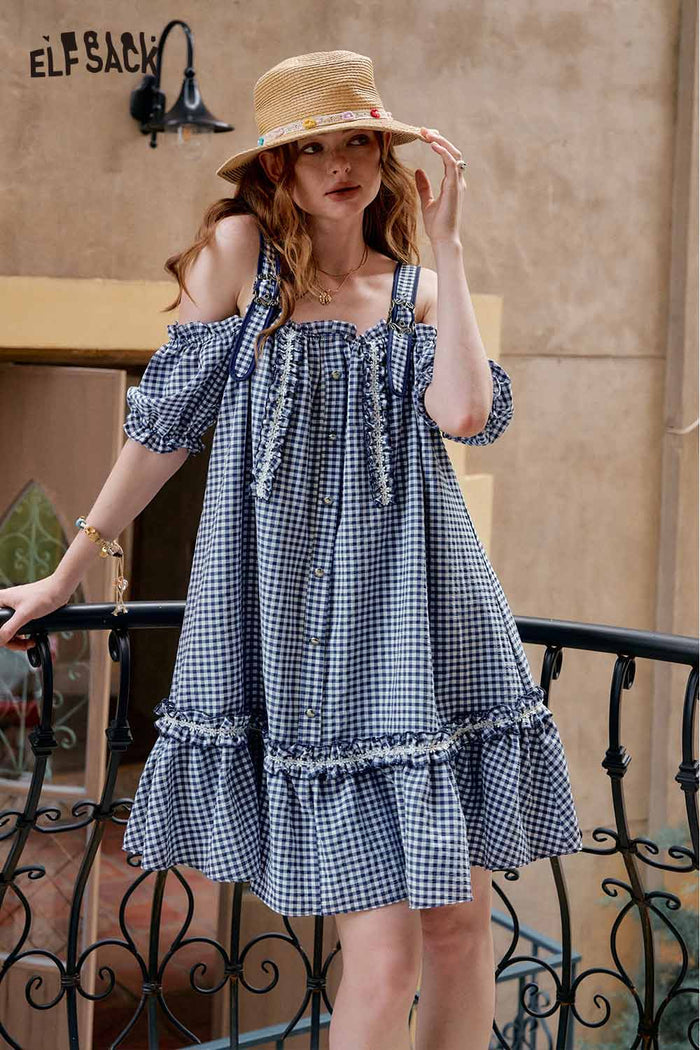 ELFSACK Cute Plaid Off Shoulder Slip Design Sweet Dress