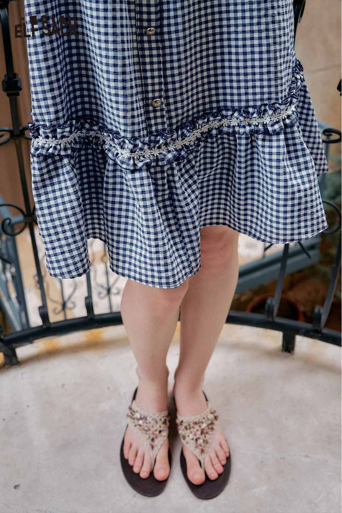 ELFSACK Cute Plaid Off Shoulder Slip Design Sweet Dress