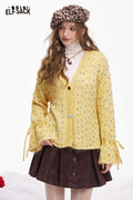 ELFSACK Cute Polka Dot V Neck Bow Drawstring Cardigan