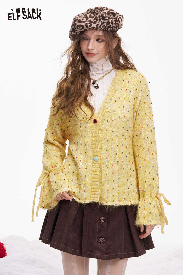 ELFSACK Cute Polka Dot V Neck Bow Drawstring Cardigan