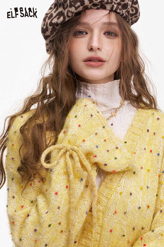ELFSACK Cute Polka Dot V Neck Bow Drawstring Cardigan