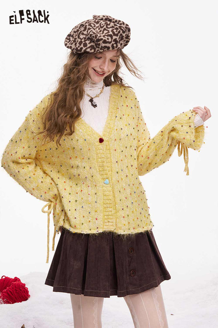 ELFSACK Cute Polka Dot V Neck Bow Drawstring Cardigan