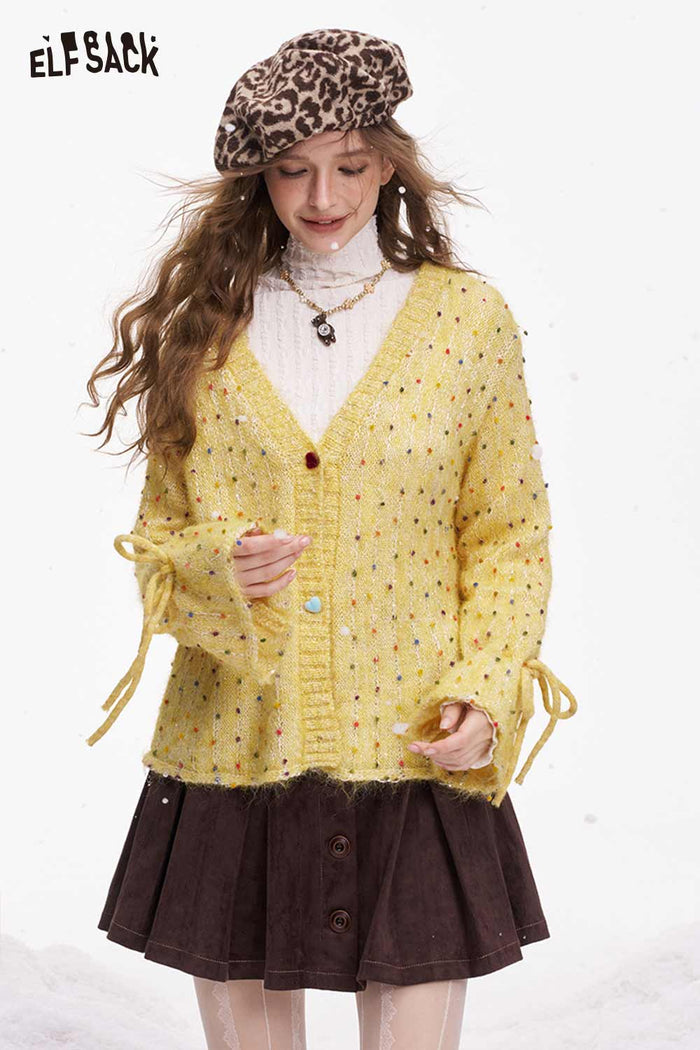 ELFSACK Cute Polka Dot V Neck Bow Drawstring Cardigan