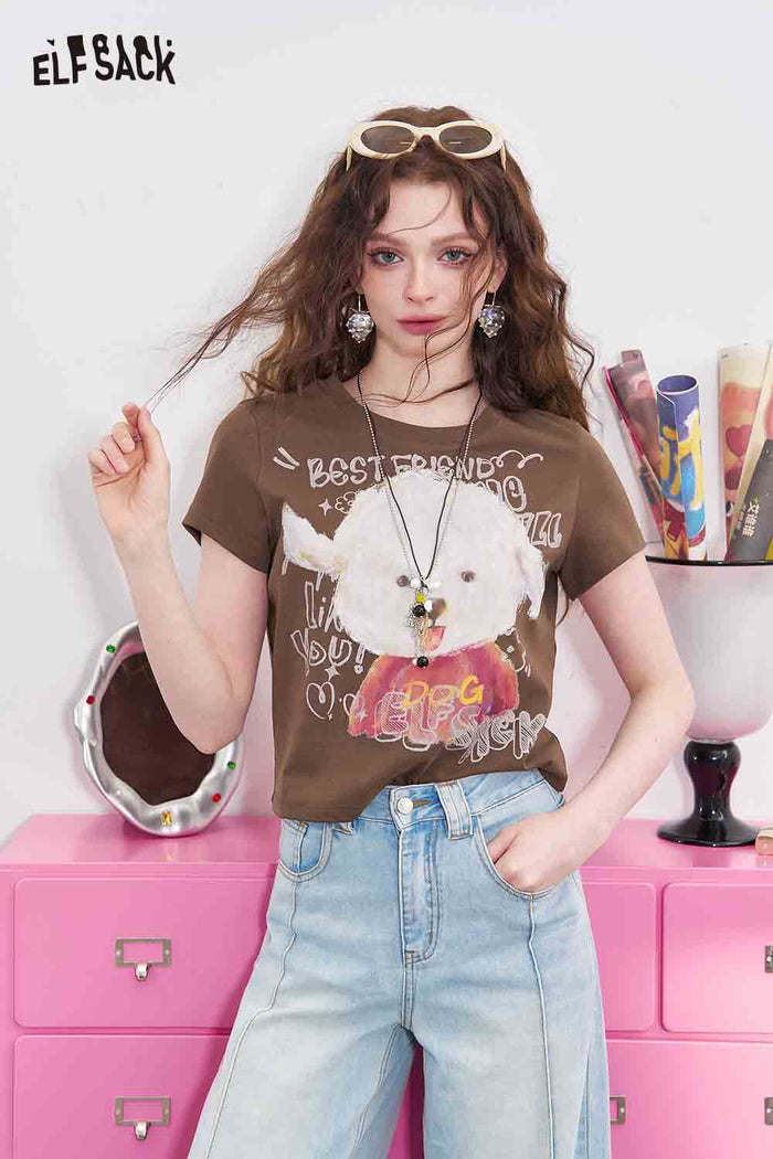 ELFSACK Cute Puppy Graphic Crew Neck Tee