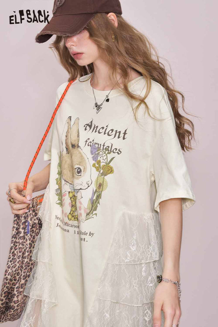 ELFSACK Cute Rabbit Graphic Mesh Design Tshirt Dress