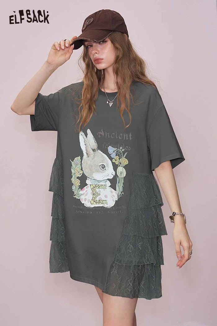 ELFSACK Cute Rabbit Graphic Mesh Design Tshirt Dress