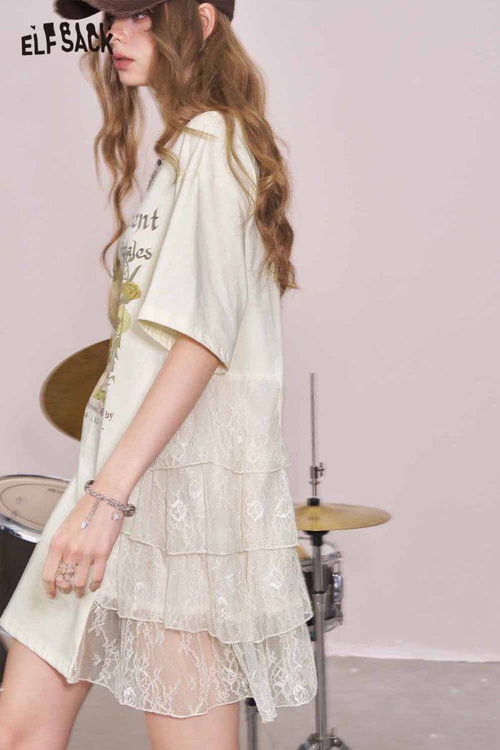 ELFSACK Cute Rabbit Graphic Mesh Design Tshirt Dress