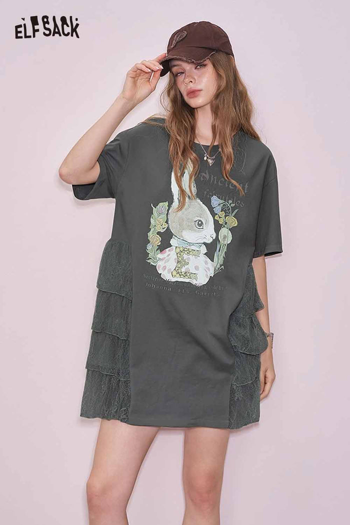 ELFSACK Cute Rabbit Graphic Mesh Design Tshirt Dress