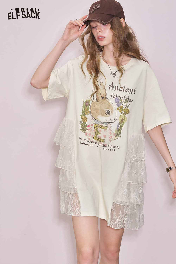 ELFSACK Cute Rabbit Graphic Mesh Design Tshirt Dress