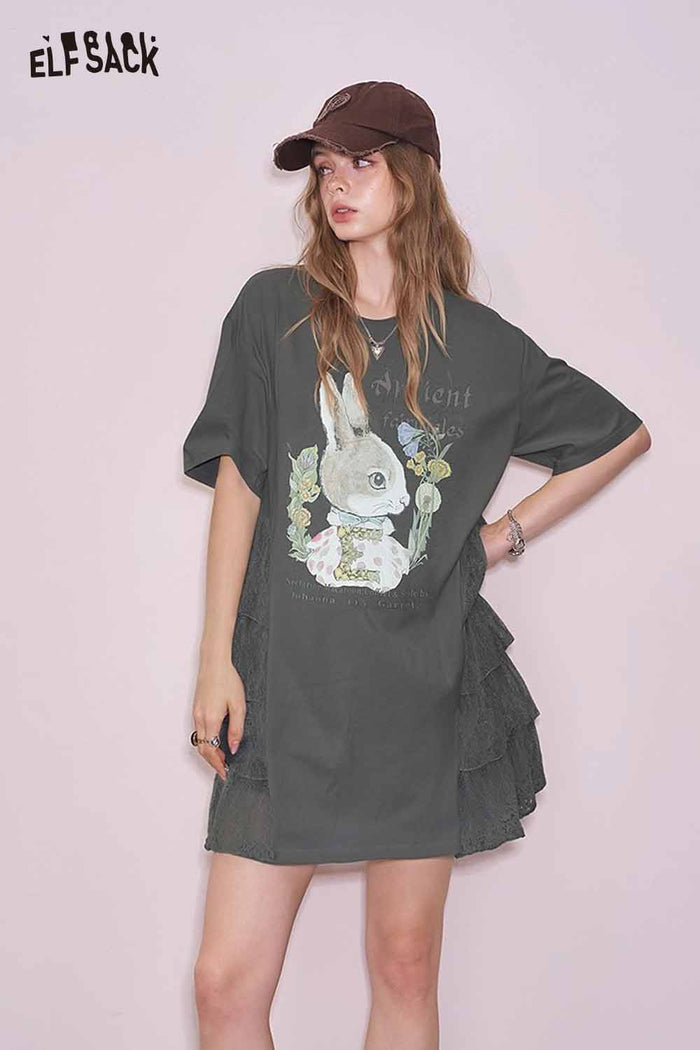 ELFSACK Cute Rabbit Graphic Mesh Design Tshirt Dress