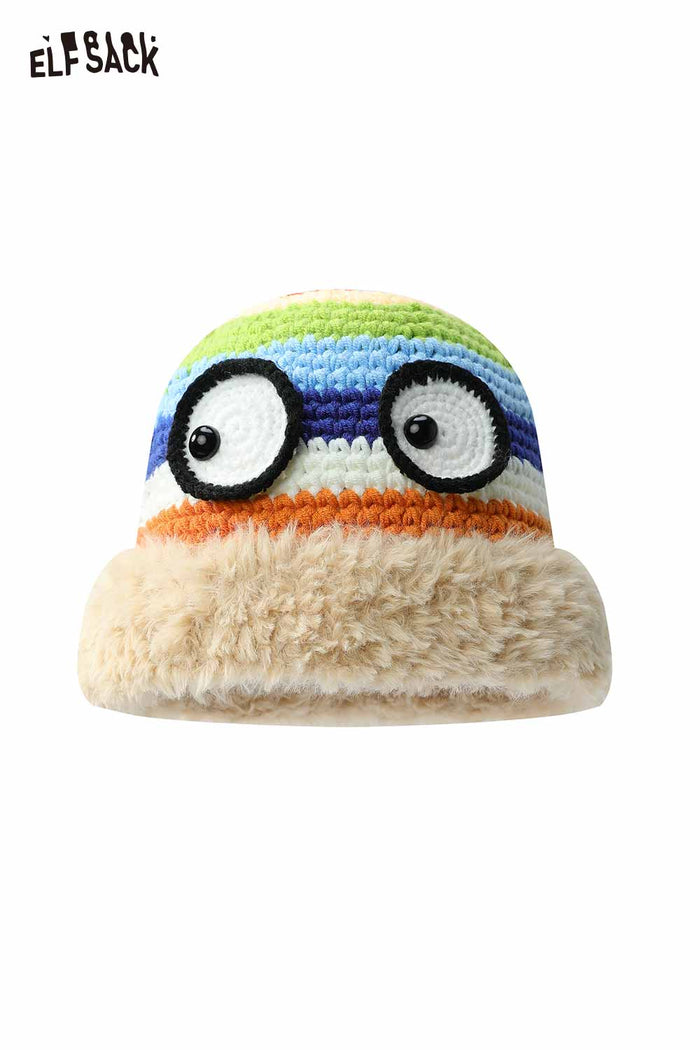 ELFSACK Cute Rainbow Striped Crochet Eye Plush Brim Hat