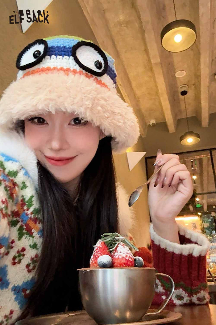 ELFSACK Cute Rainbow Striped Crochet Eye Plush Brim Hat
