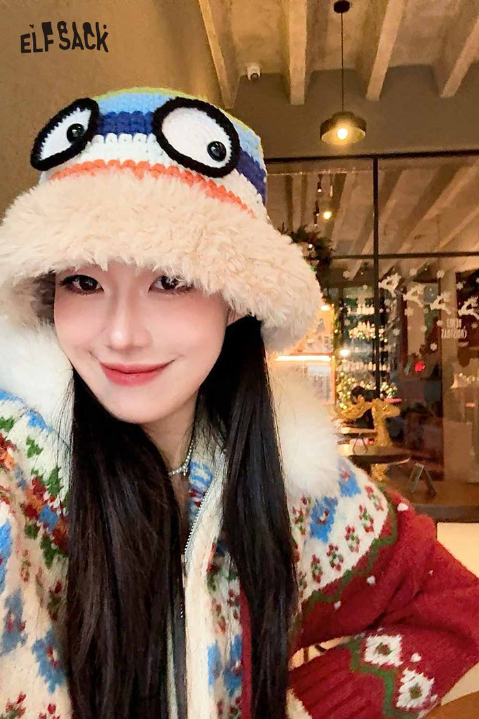 ELFSACK Cute Rainbow Striped Crochet Eye Plush Brim Hat