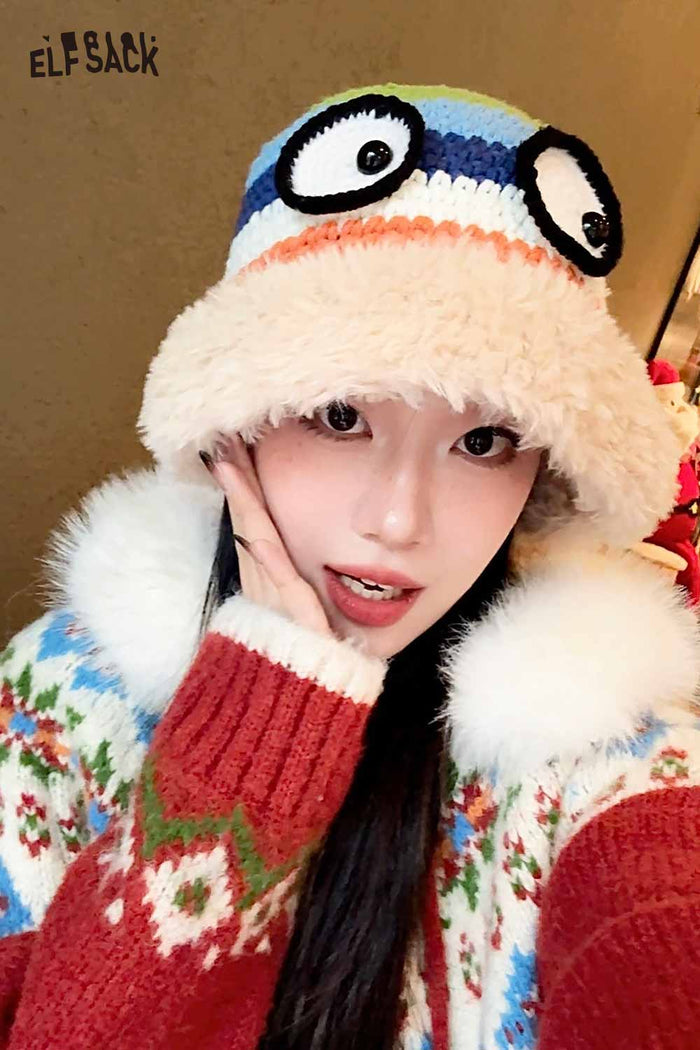 ELFSACK Cute Rainbow Striped Crochet Eye Plush Brim Hat