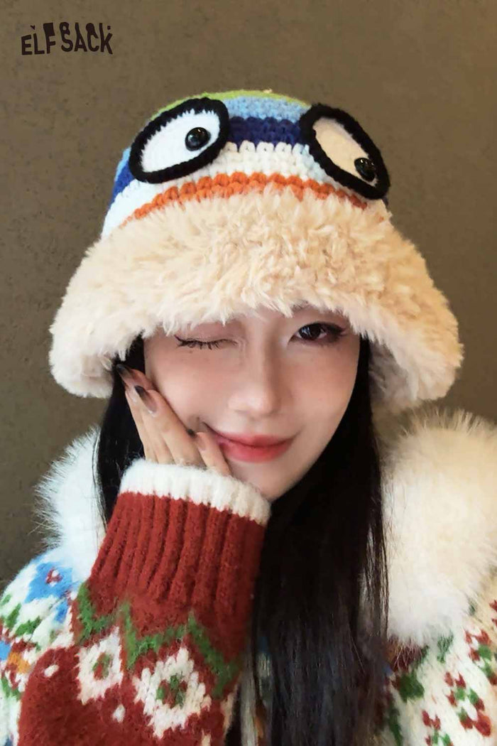 ELFSACK Cute Rainbow Striped Crochet Eye Plush Brim Hat